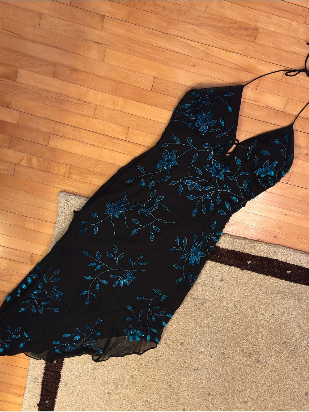 Cache Black Midi Slip Dress with Teal Floral Embroidery - Picture 4 of 12